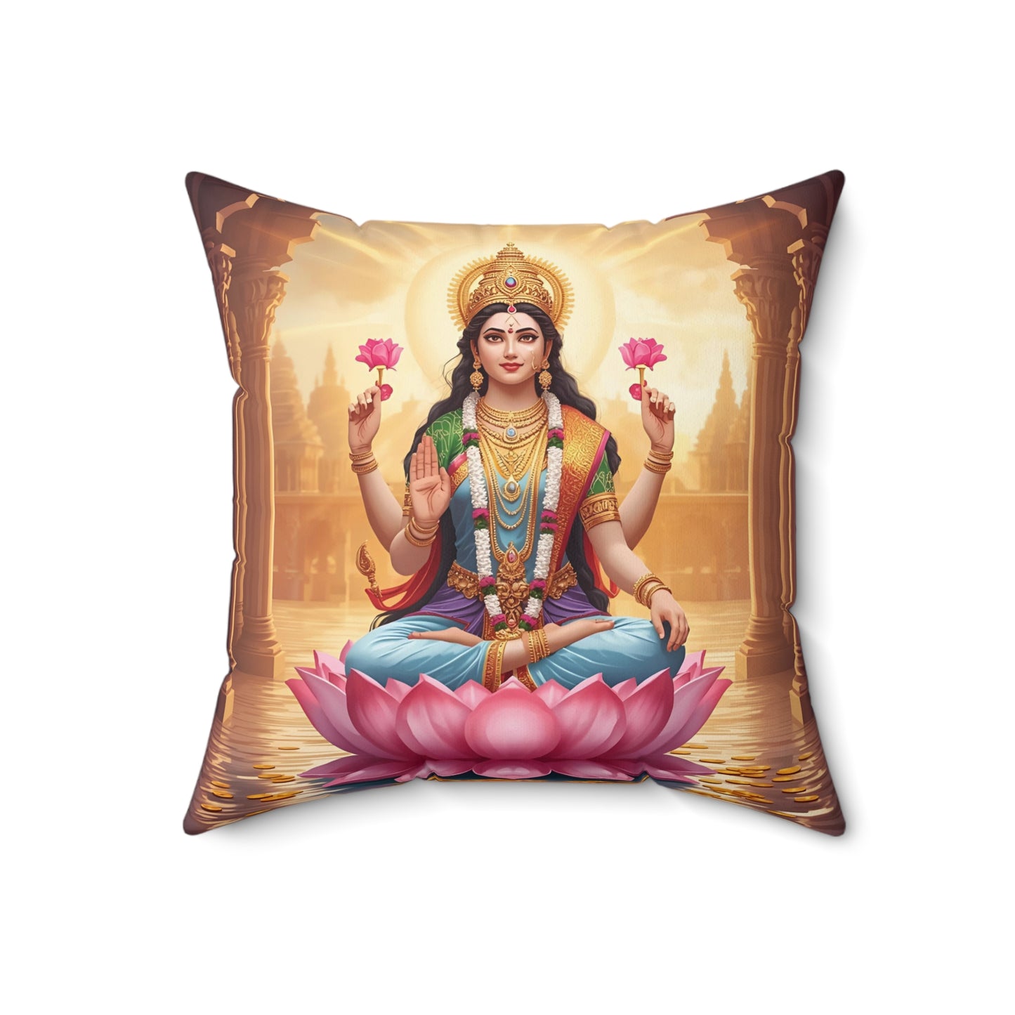 Lakshmi Decorative Pillow – Hindu Goddess of Wealth Cushion for Home & Spiritual Décor