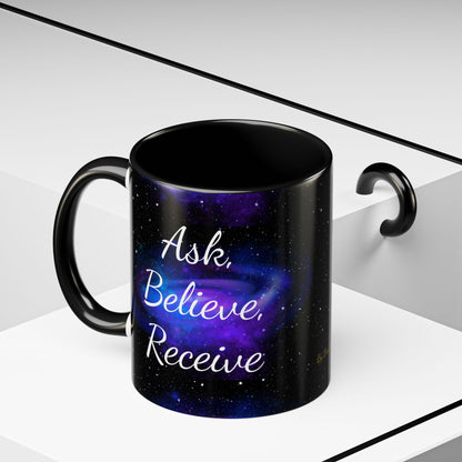 Ask. Believe. Receive. Two-Tone Mug – Cosmic Affirmation Coffee Cup