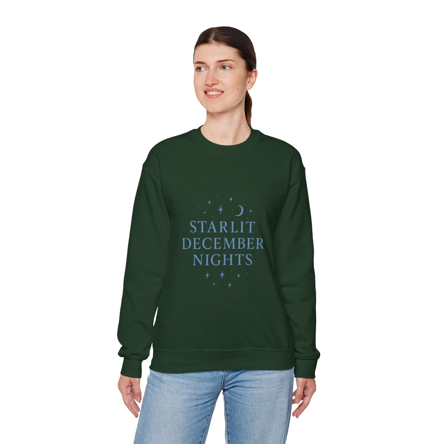 Starlit December Nights – Forest Green Winter Sweatshirt | Cozy Celestial Edition