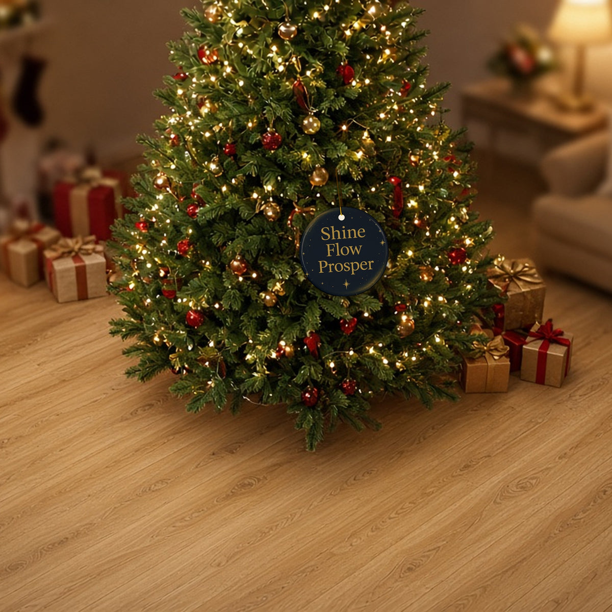 Shine Flow Prosper Ceramic Christmas Ornament hanging on a decorated Christmas tree