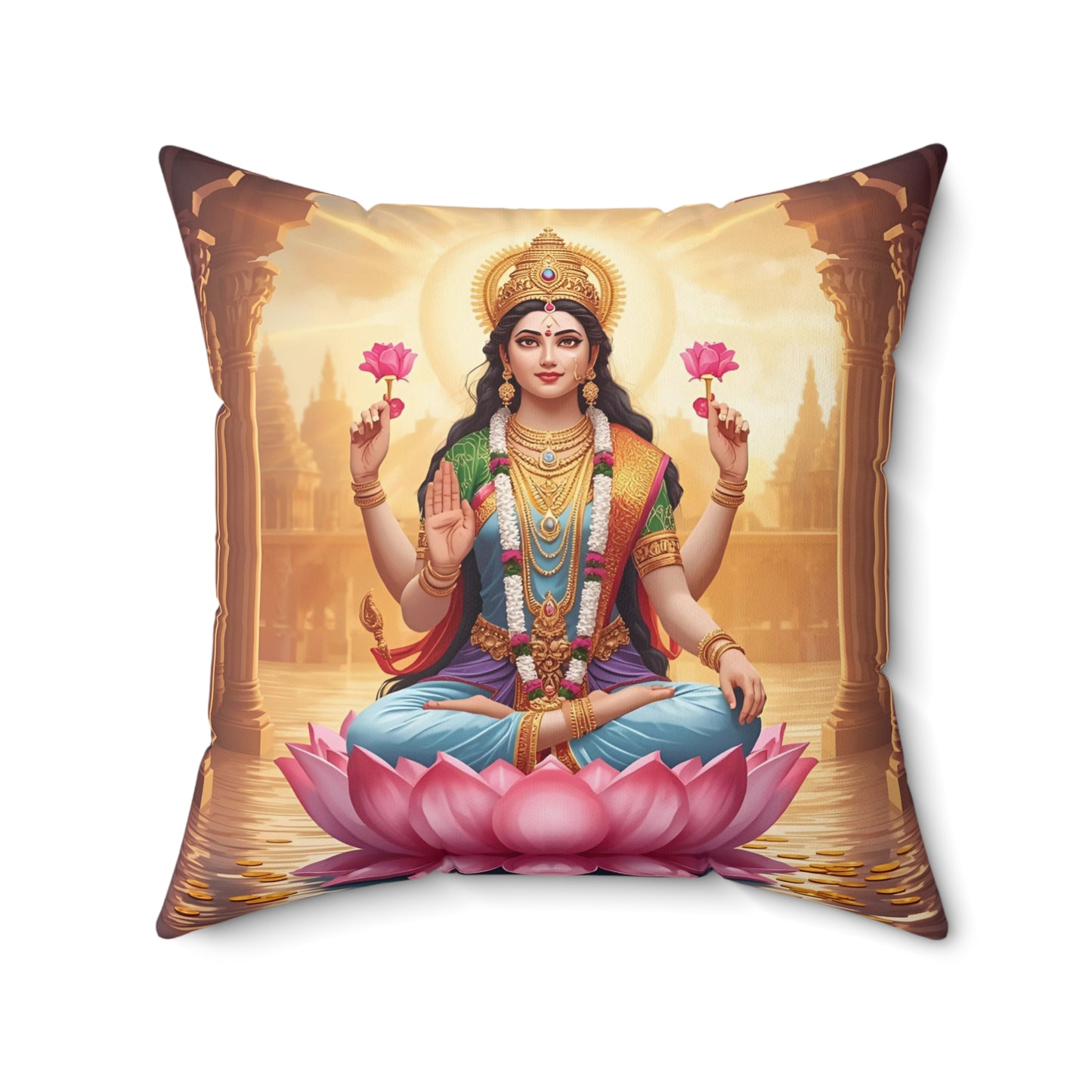 Lakshmi Decorative Pillow – Hindu Goddess of Wealth Cushion for Home & Spiritual Décor