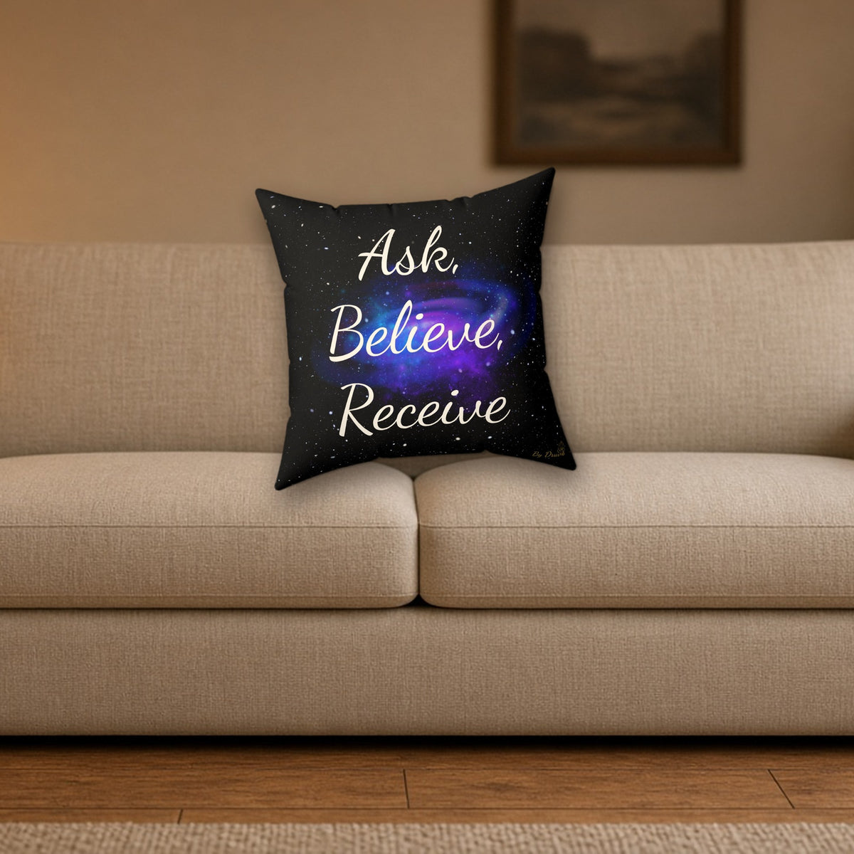Ask Believe Receive Galaxy Cushion styled on a cozy living room sofa