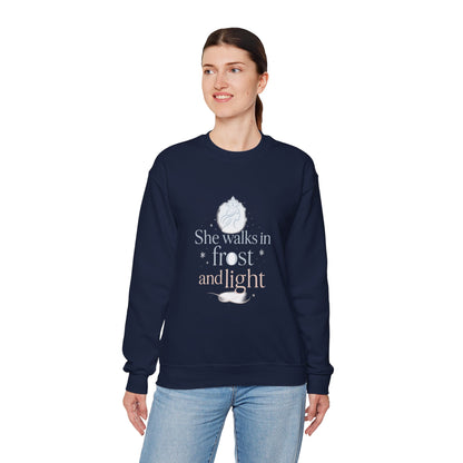 She Walks in Frost and Light – Elegant Winter Goddess Sweatshirt