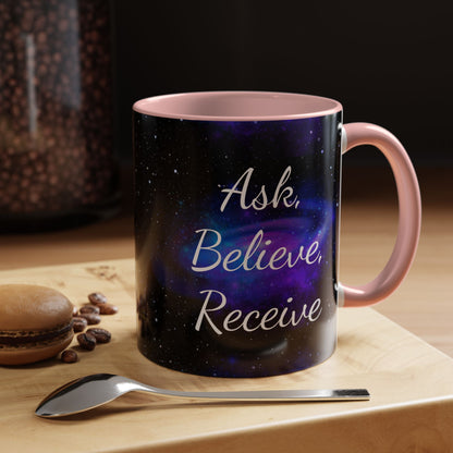 Ask. Believe. Receive. Two-Tone Mug – Cosmic Affirmation Coffee Cup