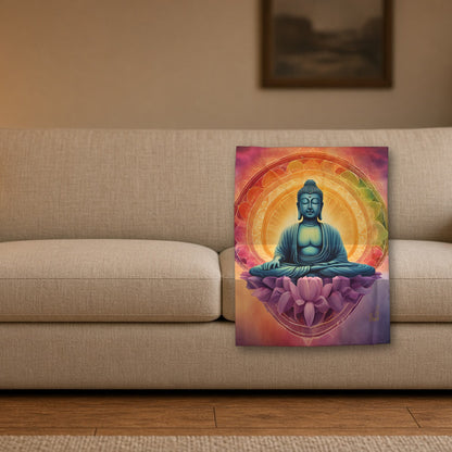 Colorful Buddha Blanket styled on a cozy living room sofa