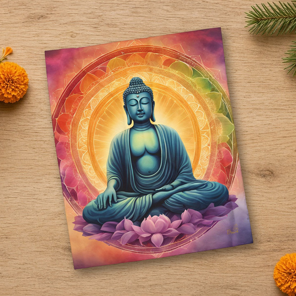 Colorful Buddha Blanket in a styled lifestyle flat lay