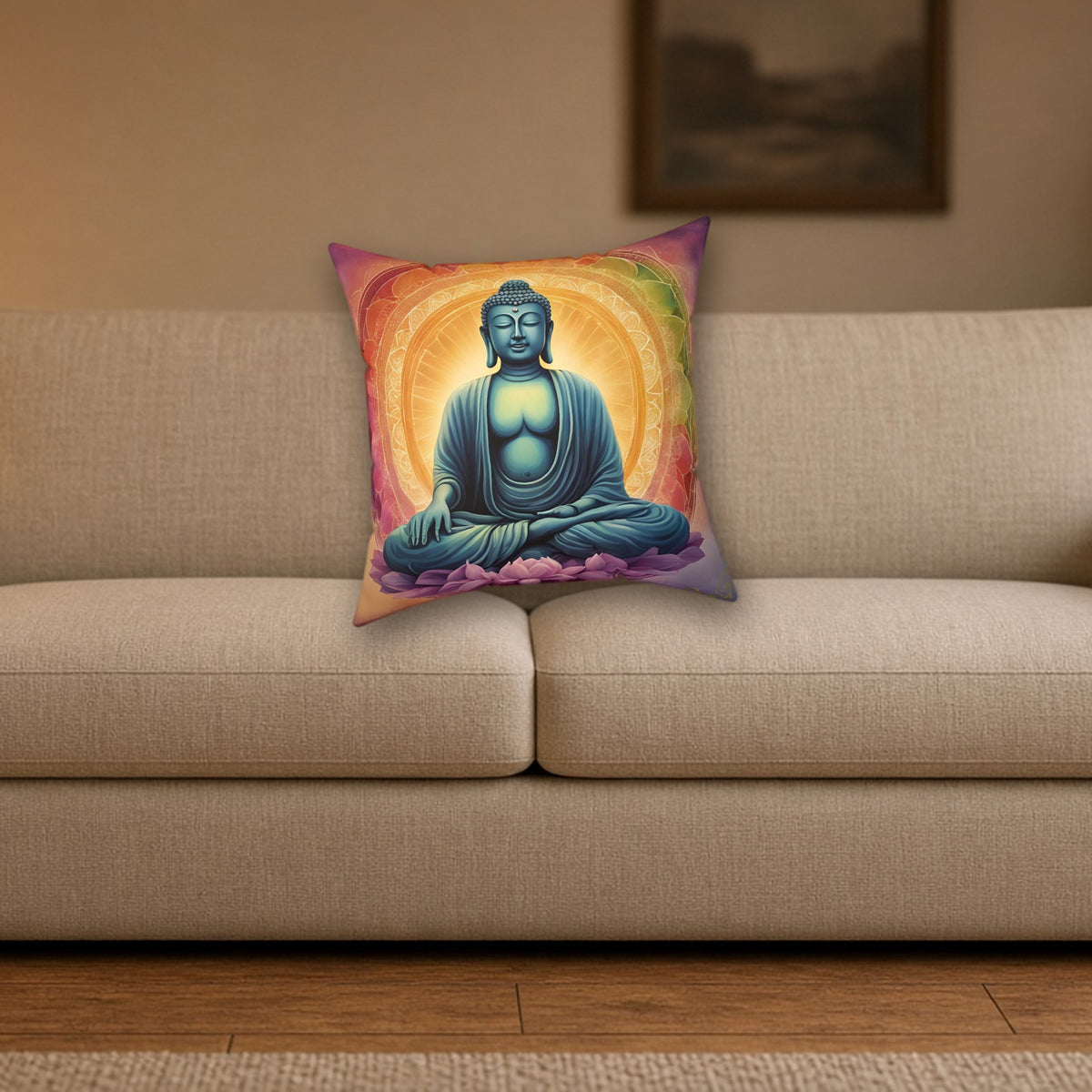 Buddha Meditation Pillow styled on a cozy living room sofa