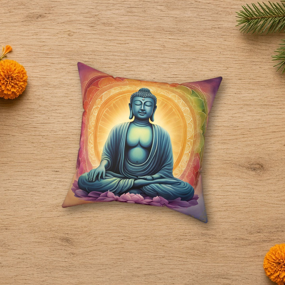 Buddha Meditation Pillow in a styled lifestyle flat lay