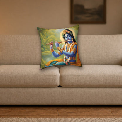 Lord Krishna Flute Decorative Pillow styled on a cozy living room sofa