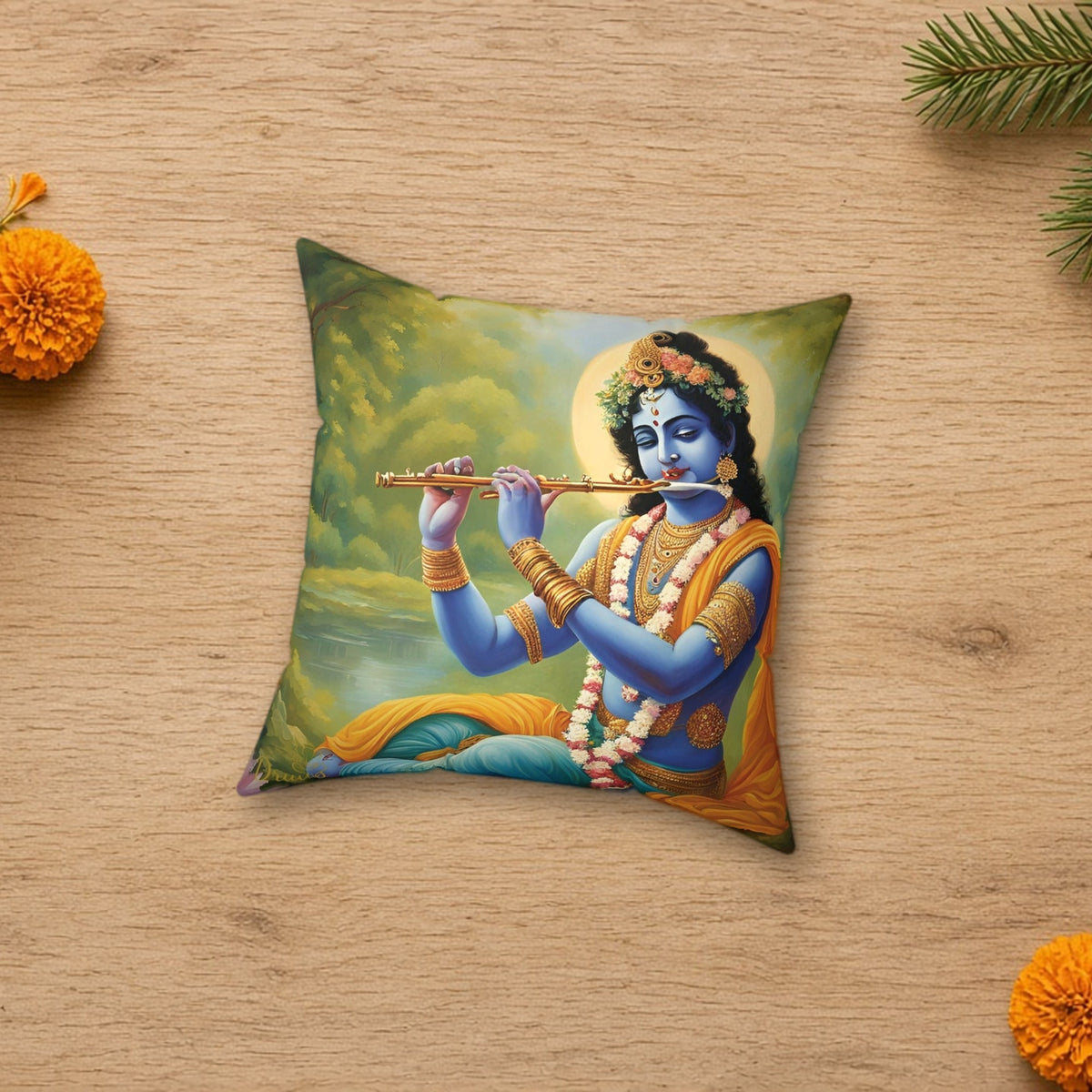 Lord Krishna Flute Decorative Pillow in a styled lifestyle flat lay