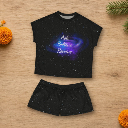 Ask Believe Receive Women's Pajama Set in a styled lifestyle flat lay