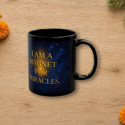 I Am a Magnet for Miracles cosmic affirmation mug styled on a cozy wooden table