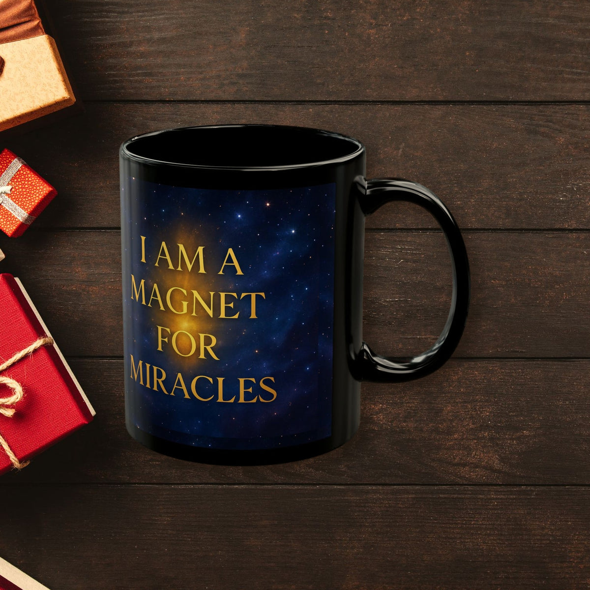 I Am a Magnet for Miracles cosmic affirmation mug surrounded by wrapped Christmas gifts