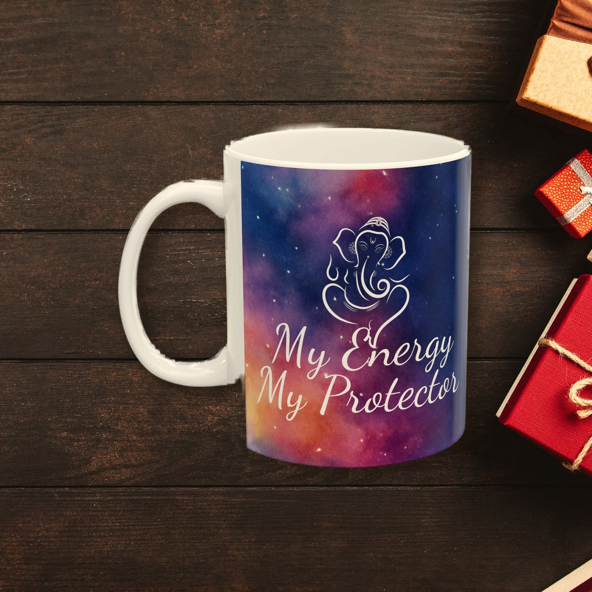 Ganesh Mug surrounded by wrapped Christmas gifts