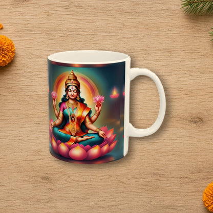 Goddess Lakshmi Diwali Mug styled on a cozy wooden table