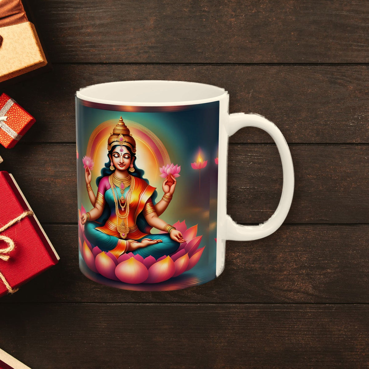 Goddess Lakshmi Diwali Mug surrounded by wrapped Christmas gifts
