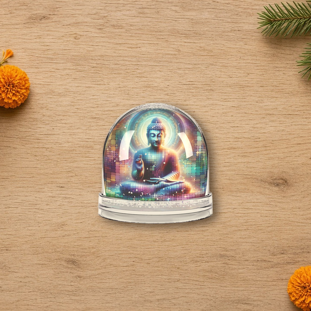 Buddha Cosmic Art Snow Globe styled on a cozy wooden table