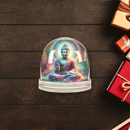 Buddha Cosmic Art Snow Globe surrounded by wrapped Christmas gifts
