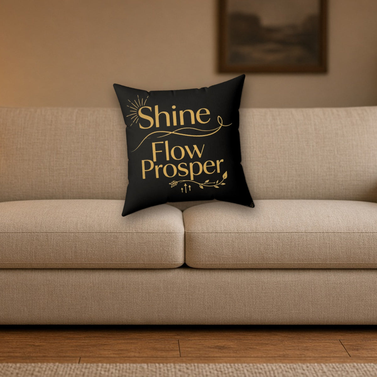 Shine Flow Prosper Luxe Cushion styled on a cozy living room sofa