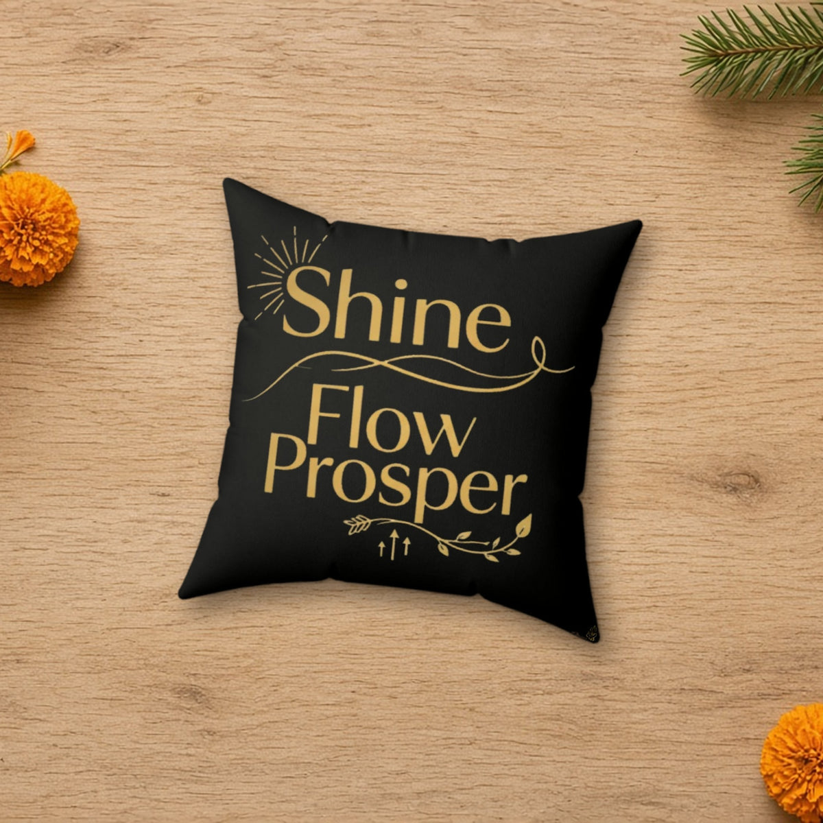 Shine Flow Prosper Luxe Cushion in a styled lifestyle flat lay