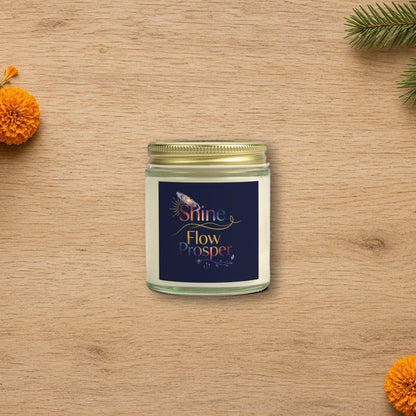 Shine Flow Prosper luxe cosmic scented candle styled on a cozy wooden table