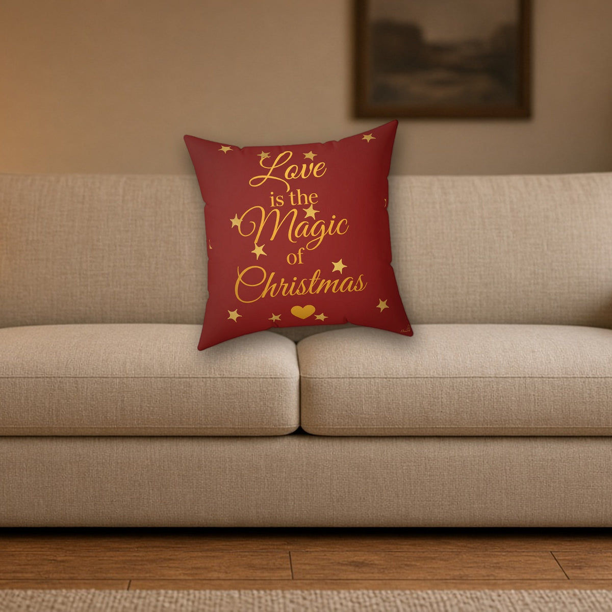 Love Is the Magic of Christmas Cushion styled on a cozy living room sofa