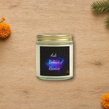 Ask Believe Receive Manifestation Candle styled on a cozy holiday table