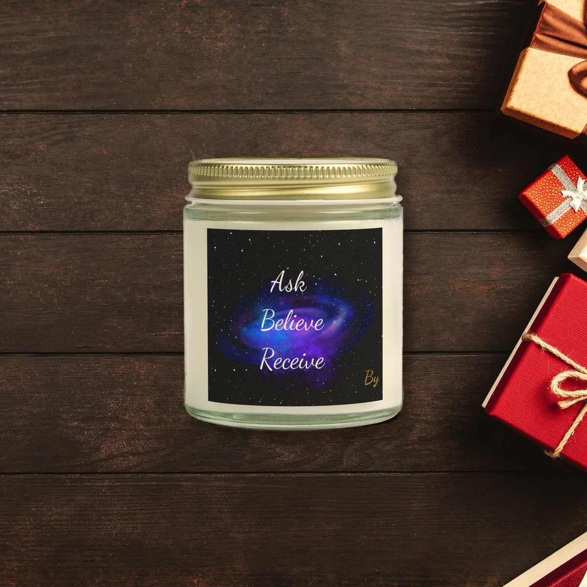Ask Believe Receive Manifestation Candle surrounded by wrapped Christmas gifts