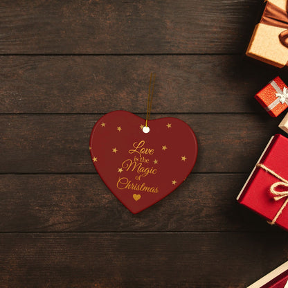 Love Is the Magic of Christmas Heart Ornament in a festive flat lay with wrapped Christmas gifts