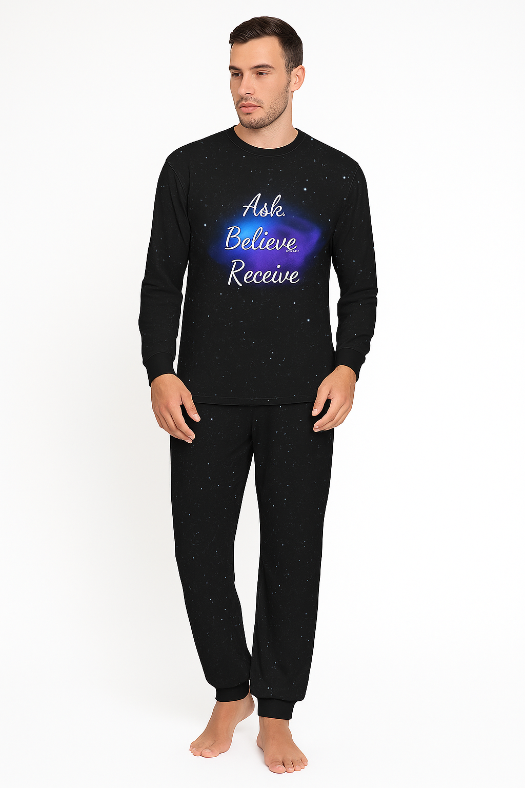 Men's pajama top mockup with galaxy background and “Ask. Believe. Receive.” quote
