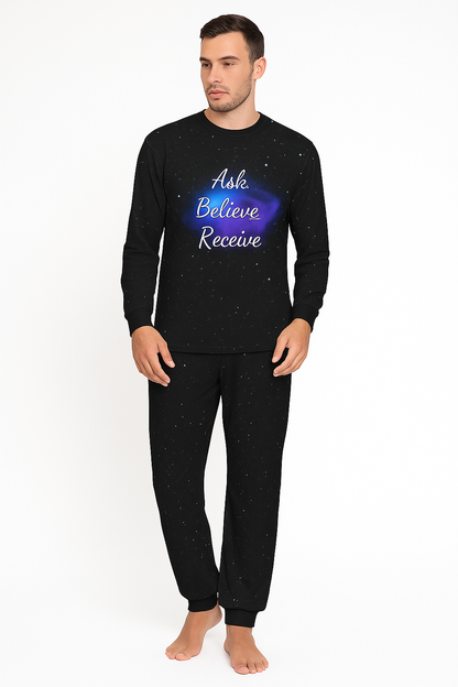 Men's pajama top mockup with galaxy background and “Ask. Believe. Receive.” quote
