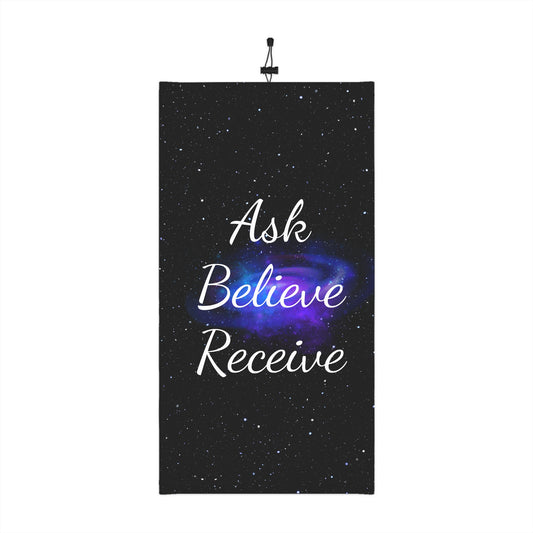 Black galaxy neck gaiter with “Ask. Believe. Receive.” quote and drawstring – Law of Attraction face cover or scarf.