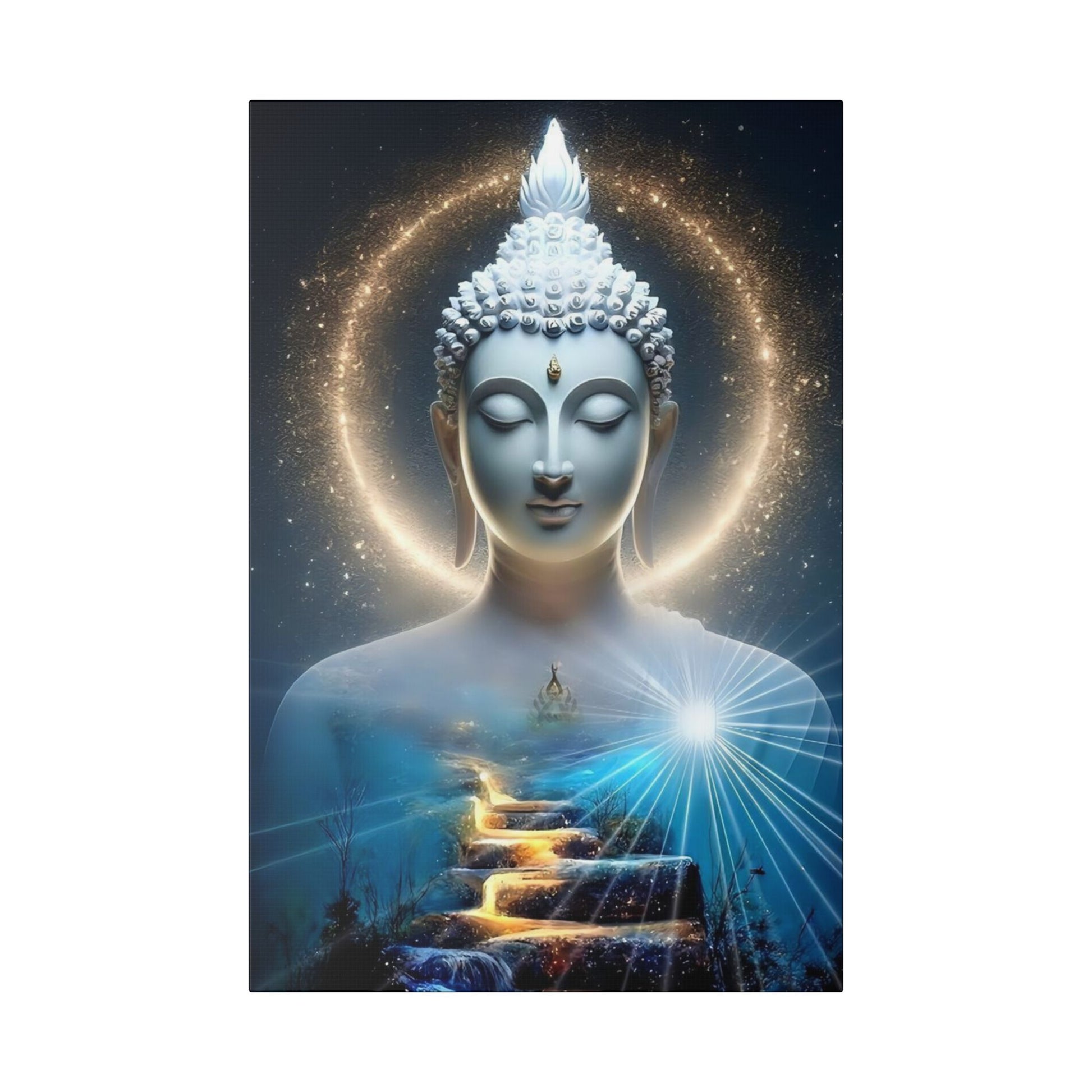 Serene Buddha canvas art glowing with golden halo and steps of light, ideal for spiritual home or meditation spac