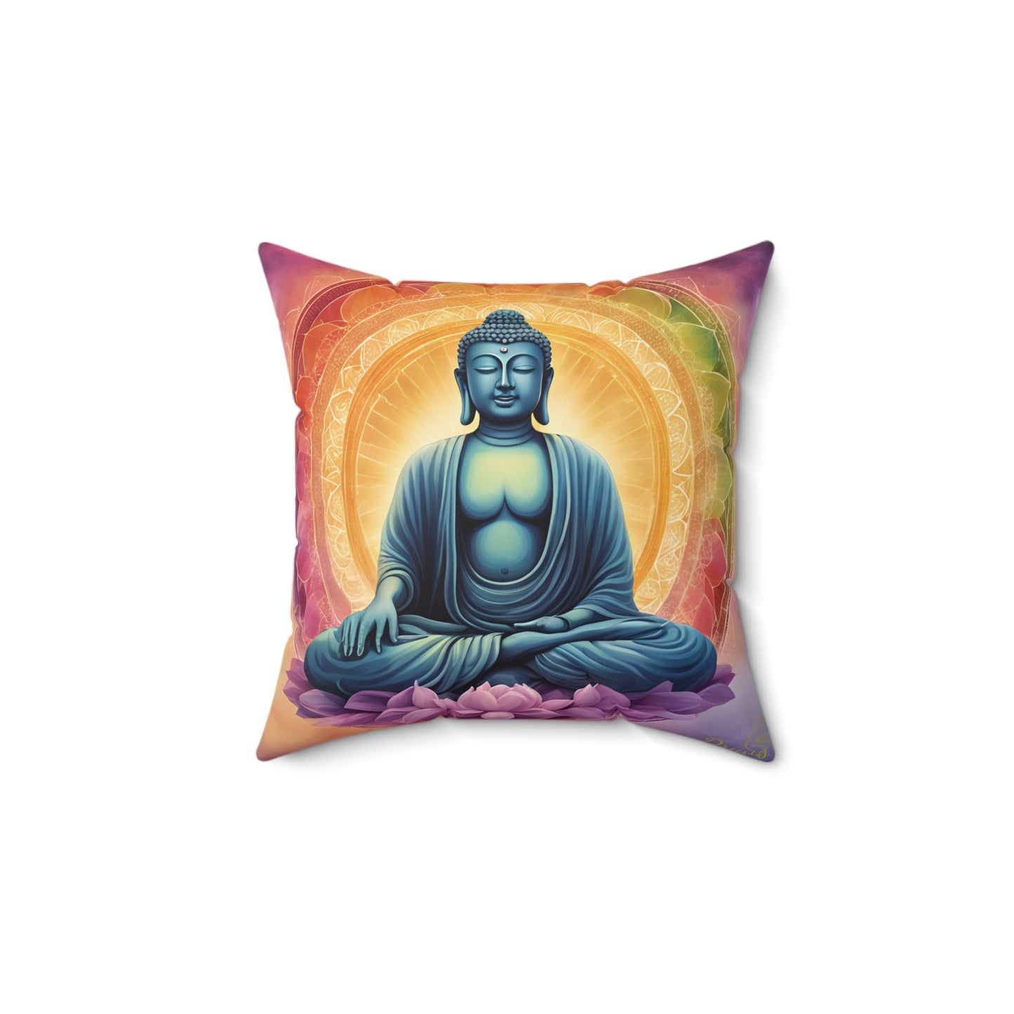 Decorative cushion with serene blue Buddha meditating on lotus with glowing mandala background.