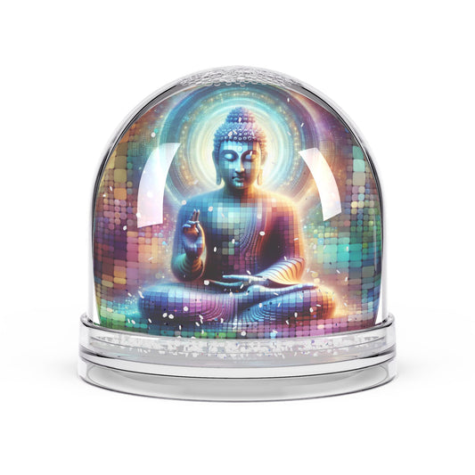 Spiritual snow globe with a glowing digital Buddha in lotus pose, surrounded by rainbow energy halo and white snowflakes