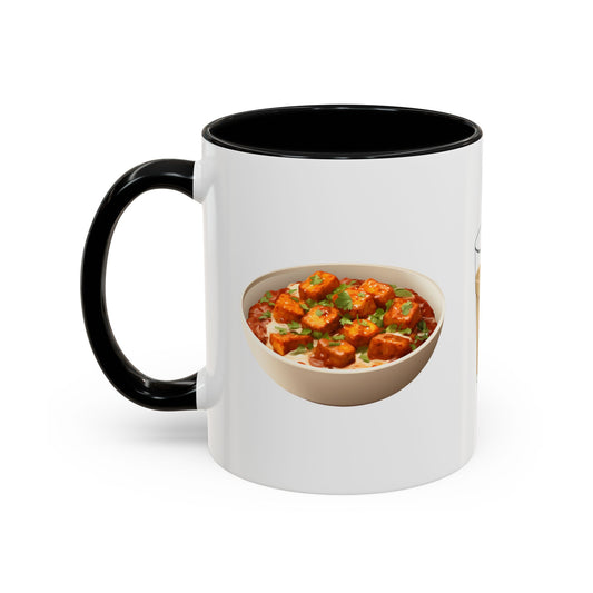 Two-tone ceramic mug with illustrations of paneer curry, a glass of chai, and dosa with chutneys, printed on white mug with black handle.