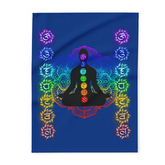Royal blue arctic fleece blanket with rainbow-colored chakras and mandala design, featuring a meditating silhouette and Sanskrit symbols