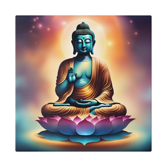 Colorful Buddha canvas seated on a radiant lotus, cosmic light and energy glow in background, perfect for spiritual and meditation decor.