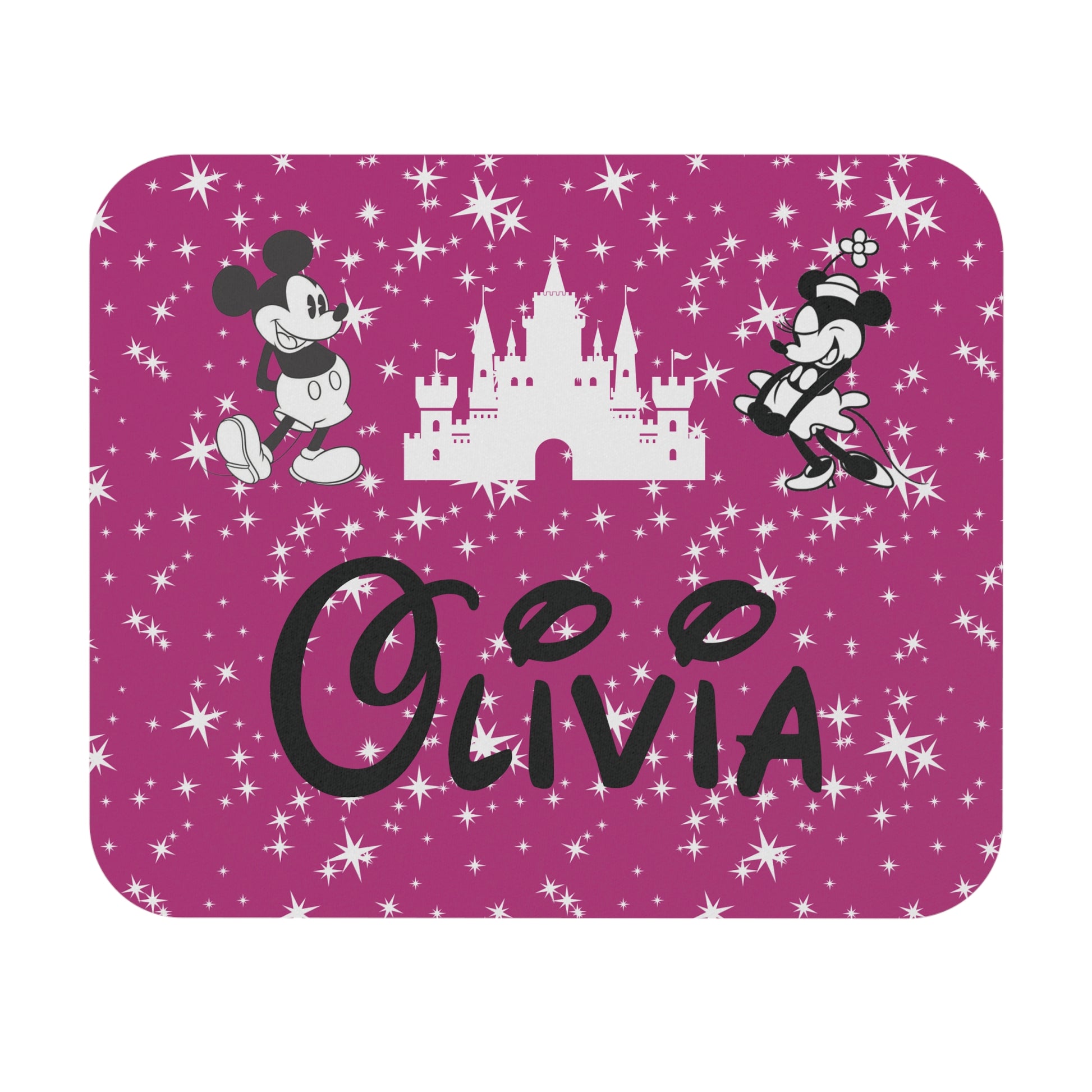 Disney-inspired pink mousepad with starry background, white castle, Mickey & Minnie silhouettes, and name “Olivia” in custom font with mouse ears.