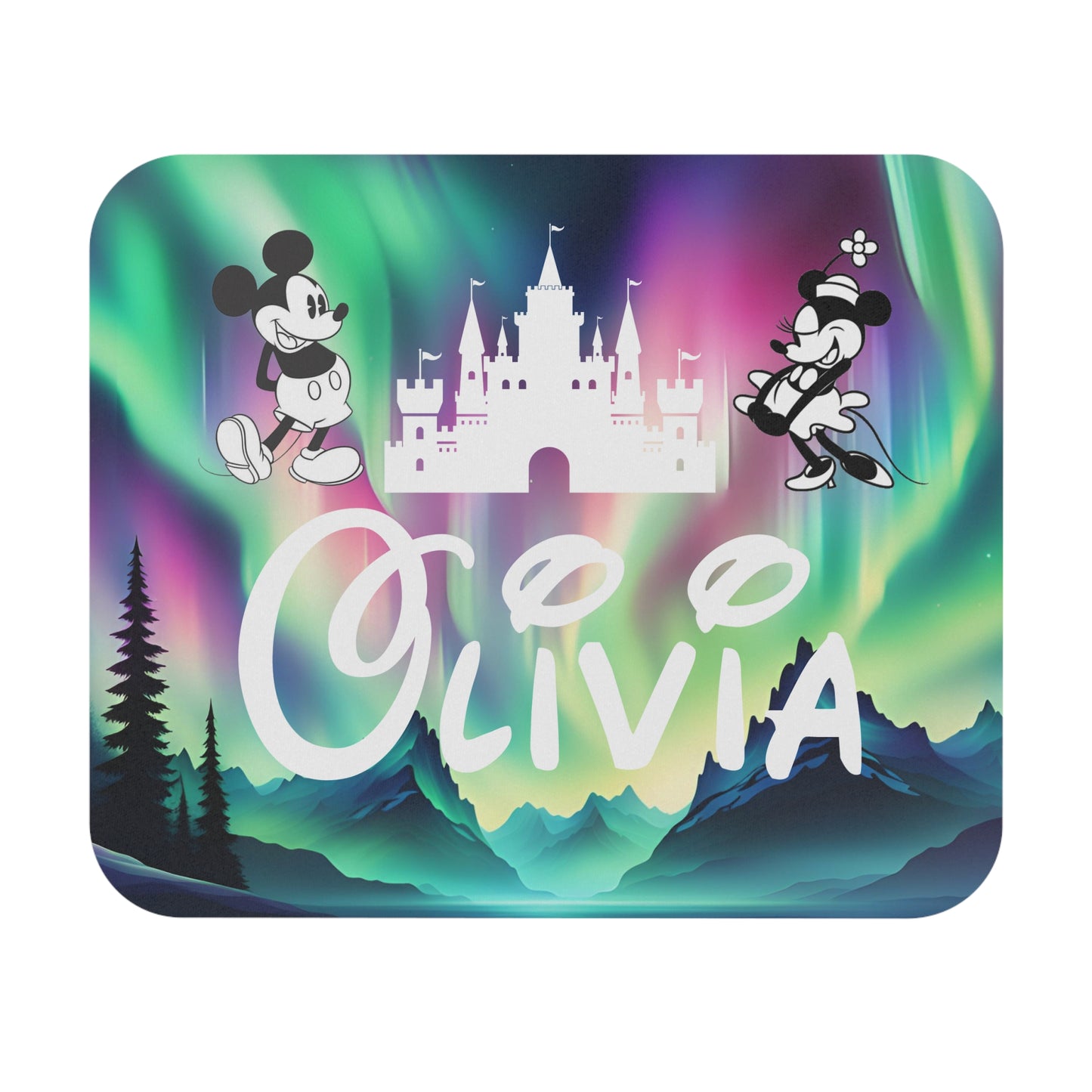 Personalized mousepad with name “Olivia,” featuring a Disney-inspired castle, Mickey & Minnie characters, and Northern Lights background.