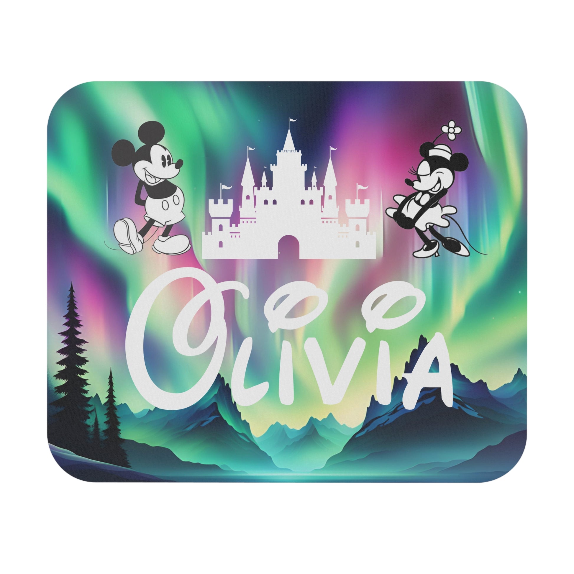 Personalized mousepad with name “Olivia,” featuring a Disney-inspired castle, Mickey & Minnie characters, and Northern Lights background.