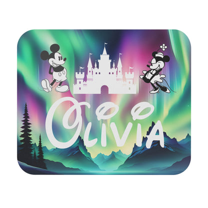 Personalized mousepad with name “Olivia,” featuring a Disney-inspired castle, Mickey & Minnie characters, and Northern Lights background.