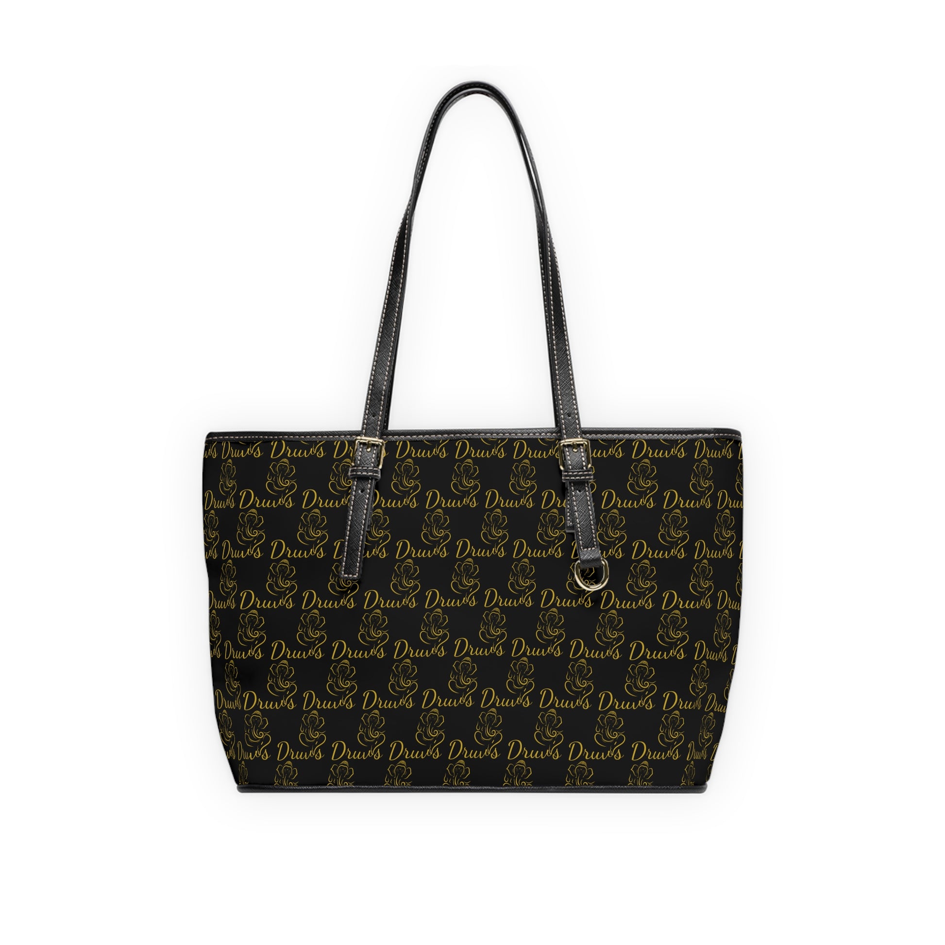 Black leather tote with repeating gold Druvs logo and Ganesha design, double shoulder straps and zip closure.