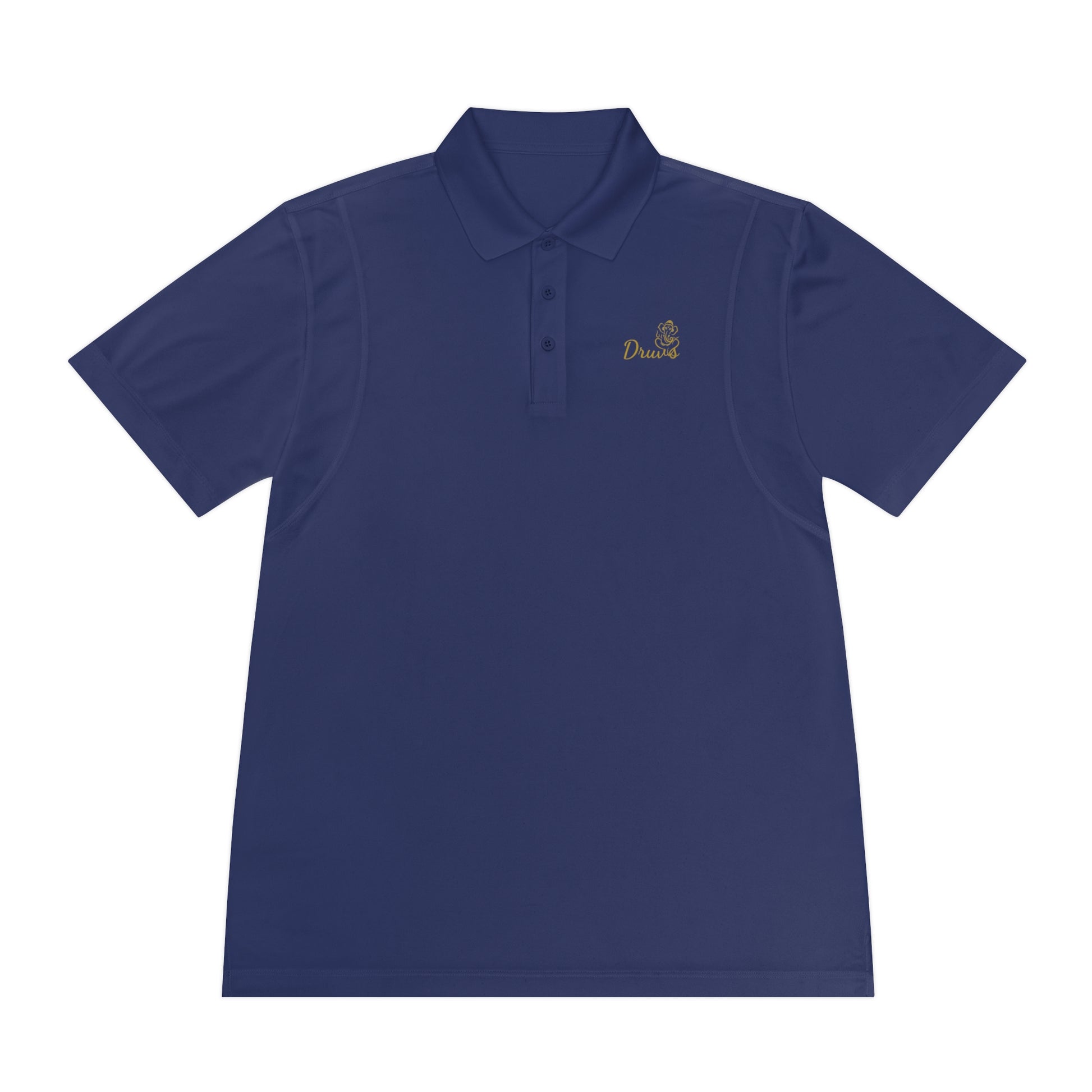 Navy blue unisex polo shirt with gold embroidered Druvs logo on the chest, featuring a Ganesha icon.