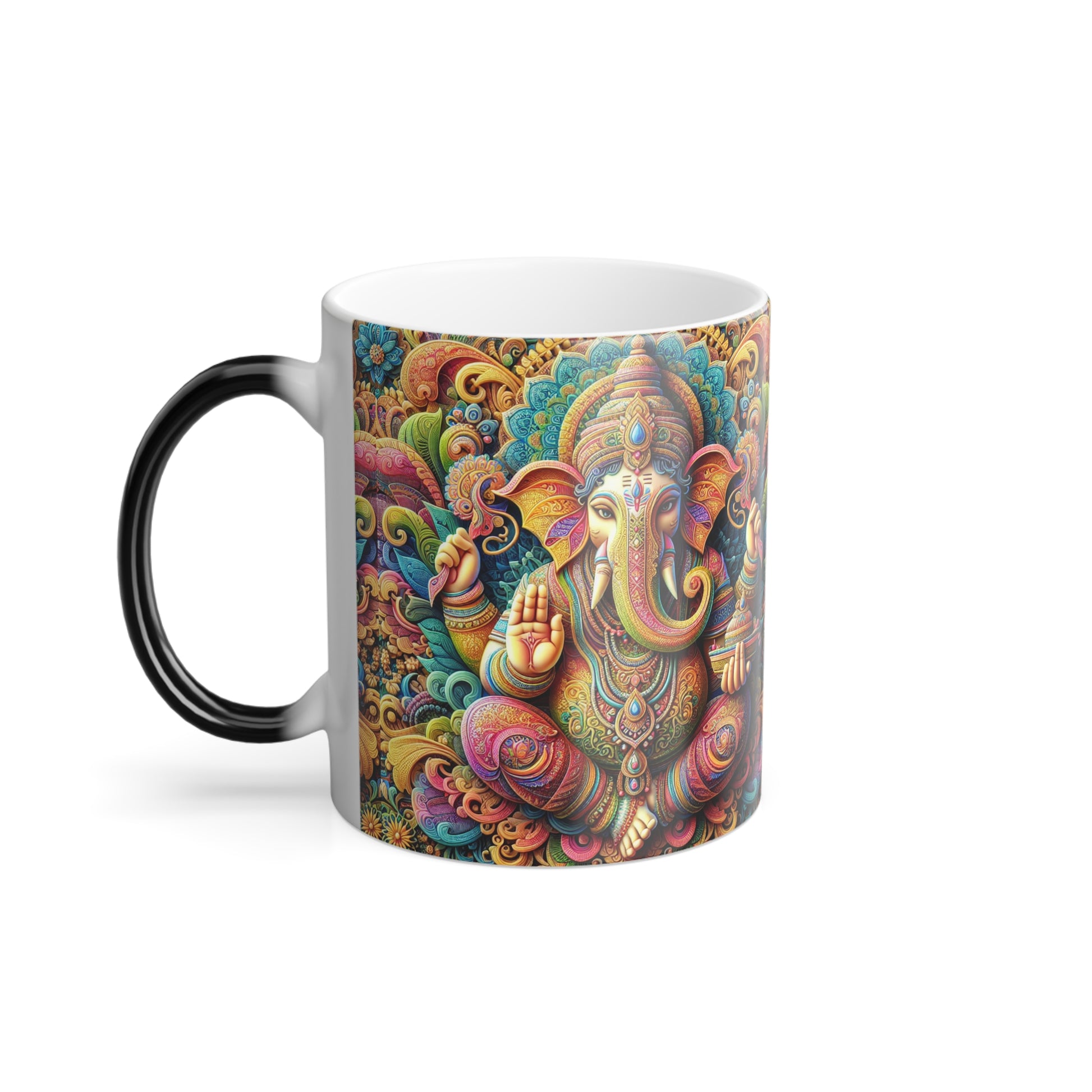 Color changing ceramic mug featuring an intricate colorful illustration of Lord Ganesha that appears when filled with hot beverages, perfect for spiritual gifts and meditation lovers.