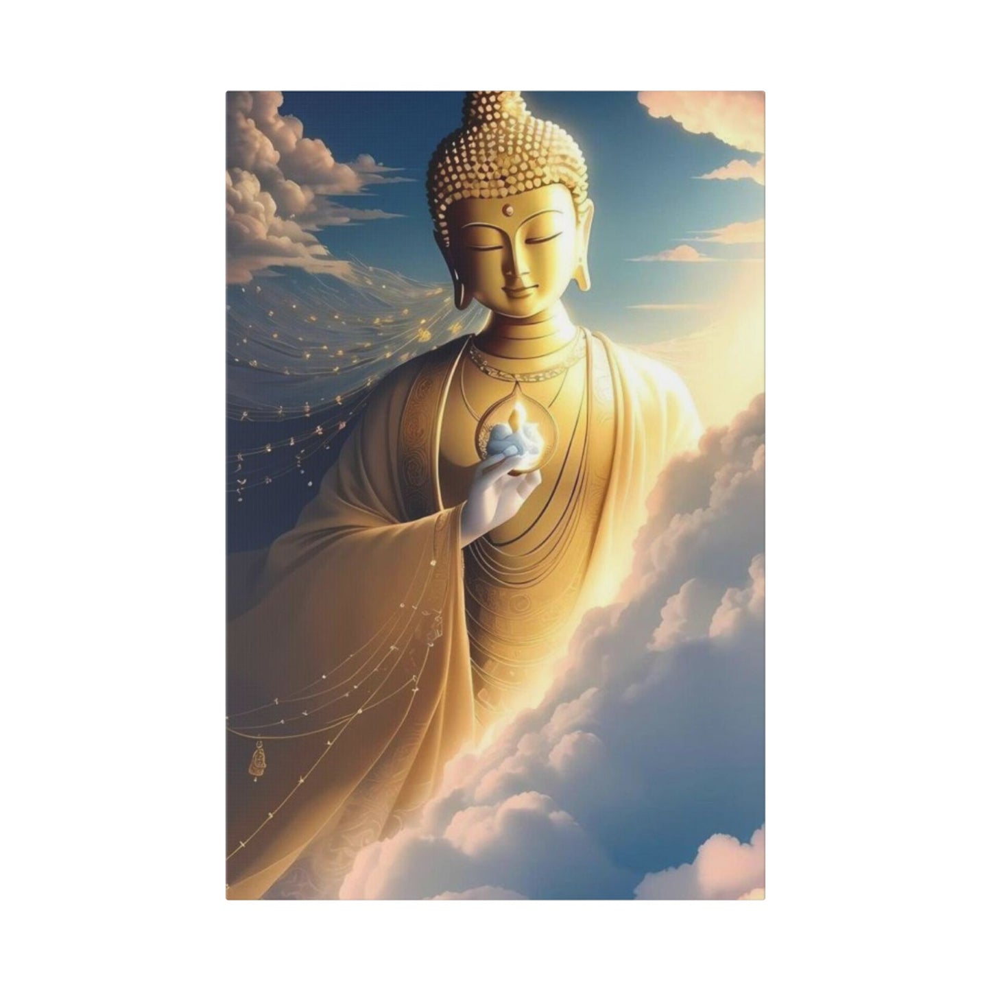 Golden Buddha canvas artwork emerging through clouds holding glowing lotus light – spiritual wall decor for peace and mindfulness.