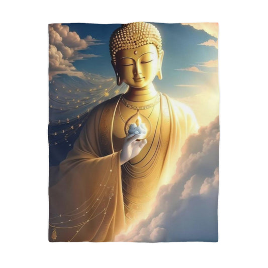 Duvet cover featuring golden Buddha surrounded by clouds and sunlight, holding a symbolic flame – spiritual bedroom decor by Druvs.