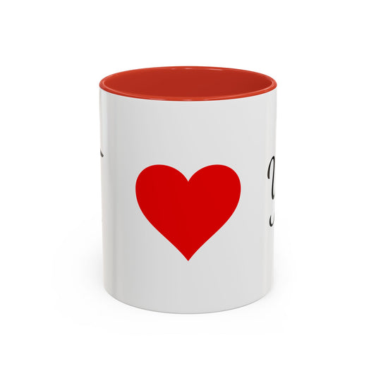 White ceramic mug with large red heart and "I Love You" printed, red interior and handle.