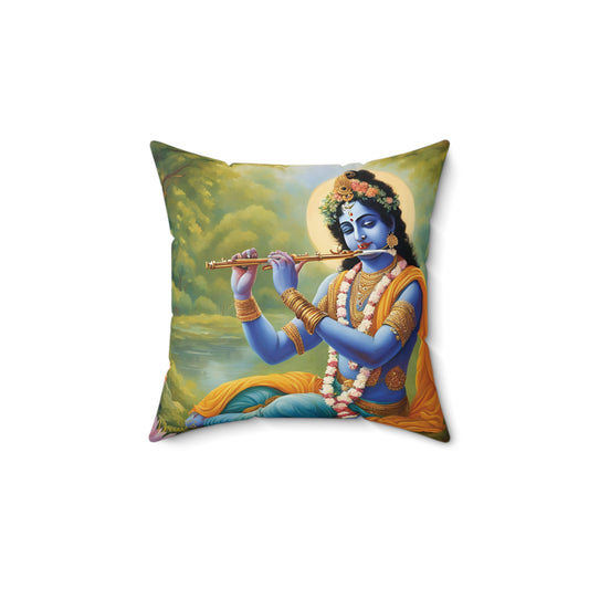 Cushion pillow with realistic artwork of Lord Krishna playing flute in a serene forest background.