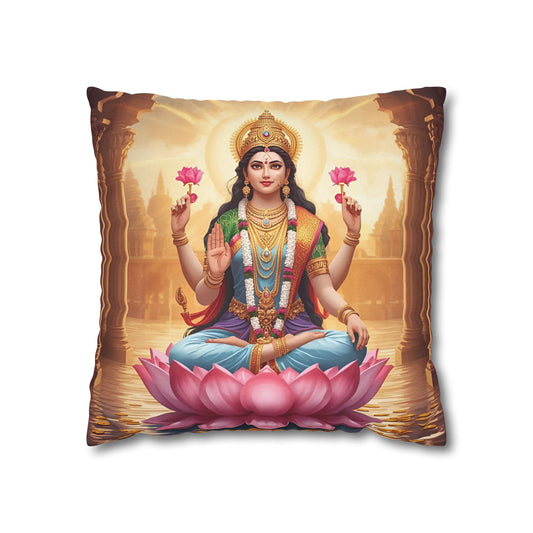 Vibrant decorative pillow featuring Goddess Lakshmi seated on a lotus flower with golden temple background – spiritual home decor by Druvs.